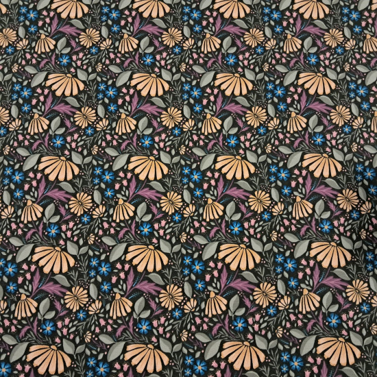 Cotton Jersey Flowers Helda fabric Cotton Jersey Flowers Helda fabric - Cotton jersey fabric with prairie-style floral patterns on a dark green background. The fabric is 150 cm wide and is made of 95% cotton and 5% elastane.