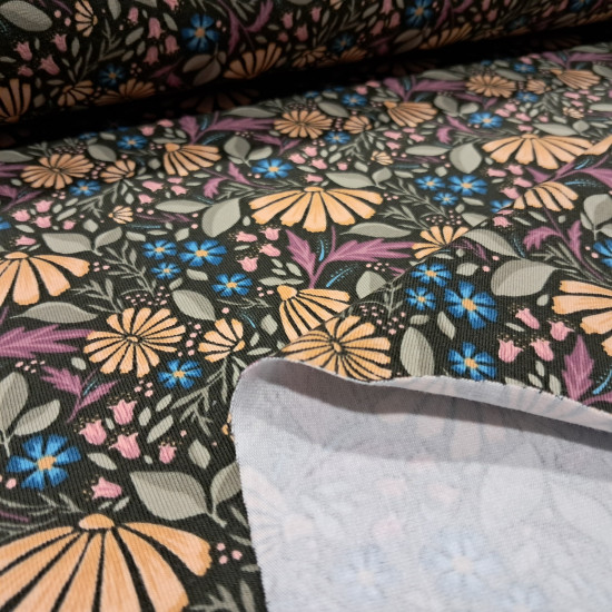 Cotton Jersey Flowers Helda fabric Cotton Jersey Flowers Helda fabric - Cotton jersey fabric with prairie-style floral patterns on a dark green background. The fabric is 150 cm wide and is made of 95% cotton and 5% elastane.