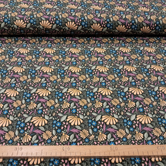 Cotton Jersey Flowers Helda fabric Cotton Jersey Flowers Helda fabric - Cotton jersey fabric with prairie-style floral patterns on a dark green background. The fabric is 150 cm wide and is made of 95% cotton and 5% elastane.