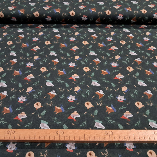 Knit fabric print featuring helmeted raccoons, hat-wearing foxes, and teddy bears on a dark background