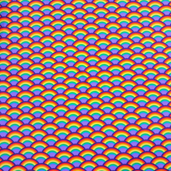 Tela de punto jersey de algodón con estampado de arcoíris en forma de abanico o escamas