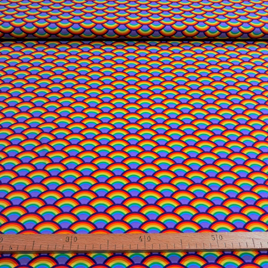 Tela de punto jersey de algodón con estampado de arcoíris en forma de abanico o escamas