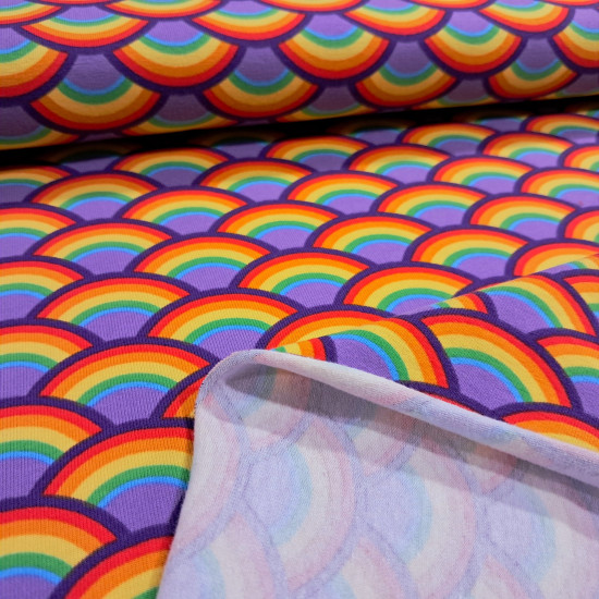 Tela de punto jersey de algodón con estampado de arcoíris en forma de abanico o escamas