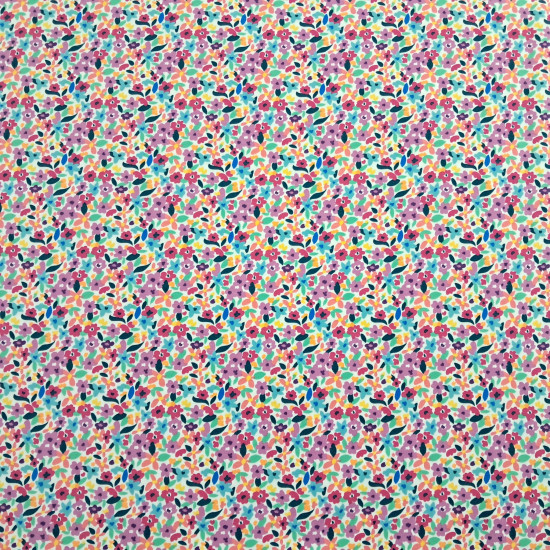 Cotton Jersey Flowers Nina fabric Cotton Jersey Flowers Nina fabric - Cotton jersey fabric with a colorful floral print on a white background. The fabric is 150cm wide and is made of 95% cotton and 5% elastane.