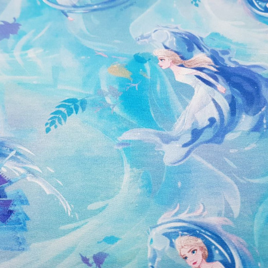 French Terry Frozen Nokk fabric - French Terry licensed Disney fabric with beautiful drawings of Elsa and her horse Nokk from the movie Frozen 2. The French Terry fabric can be used to make light-duty sweatshirts, t-shirts, dresses, skirts... The fab