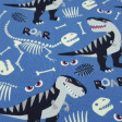 French Terry Sweatshirt Dinosaurs Roar fabric - French Terry sweatshirt fabric, ideal for spring/summer, with drawings of cool dinosaurs, skeletons, bones... on a gray-blue background. The fabric is 150cm wide and its composition 92% cotton - 8% elastane