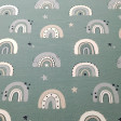 French Terry Sweatshirt Brushed Rainbow Stars fabric - Brushed French terry sweatshirt fabric featuring abstract rainbows and stars on a dark old green background. The fabric is 150cm wide and its composition is 95% cotton - 5% elastane.