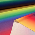 Polyester Jersey Rainbow fabric - Polyester jersey fabric with a rainbow pattern. The colored stripes run the width of the fabric. The fabric is 145 cm wide and is made of 100% polyester.