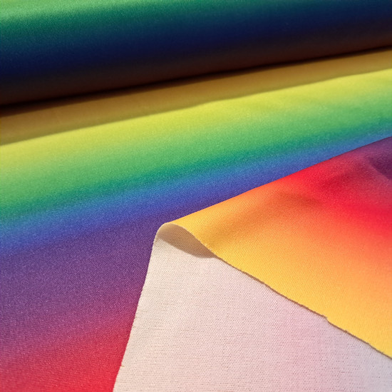 Polyester Jersey Rainbow fabric - Polyester jersey fabric with a rainbow pattern. The colored stripes run the width of the fabric. The fabric is 145 cm wide and is made of 100% polyester.