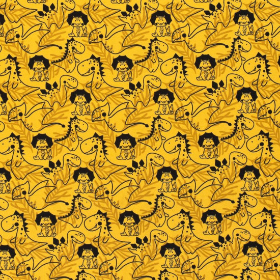 Jersey Dinosaurs Ocher fabric - Jersey fabric with drawings of dinosaurs on an ocher background with silhouettes of branches. The fabric is 150cm wide and its composition is 95% cotton - 5% elastane.