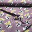 Jersey Mandalorian Baby Yoda Helmets fabric - Cotton jersey with drawings of the character Baby Yoda from the Star Wars The Mandalorian series on a background with spheres, stars and Mandalorian helmets. The fabric is 155cm wide and its composition is 95%