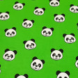 Punto Camiseta Pandas - Tela de punto algodón camiseta con dibujos de caras de osos panda sobre un fondo de color verde. La tela mide 150cm de ancho y su composición 95% algodón - 5% elastano
