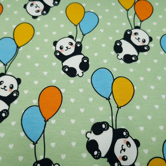 Cotton Jersey Pandas Balloons fabric - Digital printing cotton jersey fabric with drawings of panda bears attached to colorful balloons on a light colored background with small white hearts. The fabric is 150cm wide and its composition is 94% cotton - 6%