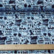 Cotton Jersey GOTS Snoopy Rebel Blue fabric - Organic cotton jersey fabric with drawings of the character Snoopy on a background decorated with blue lines and phrases in black letters, graffiti style where Snoopy and Charlie Brown also appear on a skatebo