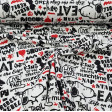 Cotton Jersey Snoopy Rebel White fabric - Organic (GOTS) cotton jersey fabric with drawings of the Snoopy character on a white background decoration with phrases in black letters, graffiti style, and some red tone. The fabric is 145cm wide and its composi