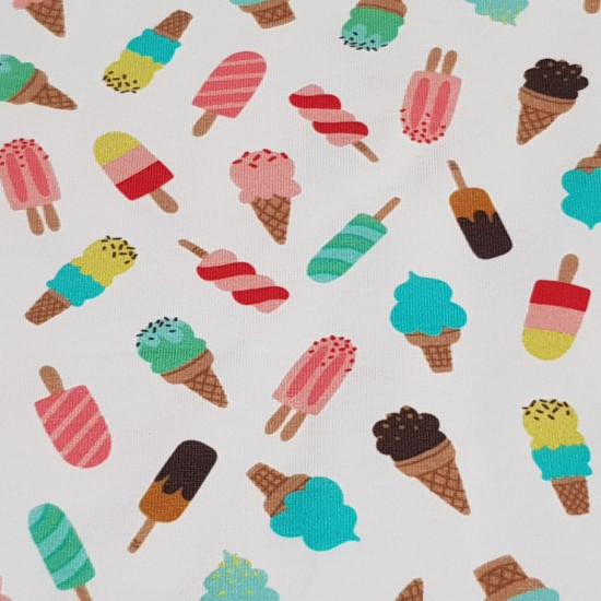 Cotton Jersey Sweet Summer fabric - Cotton jersey fabric with colorful drawings of ice creams on a white background. The fabric is 150cm wide and its composition is 94% Cotton – 6% Elastane