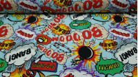 Burlington Comic Onomatopoeia fabric - Stretch / Burlington fabric with expression pattern and onomatopoeia typical of action comics. Boom, bang, crash, OMG ... is a very striking fabric with different expressions on a light blue background. With this fab
