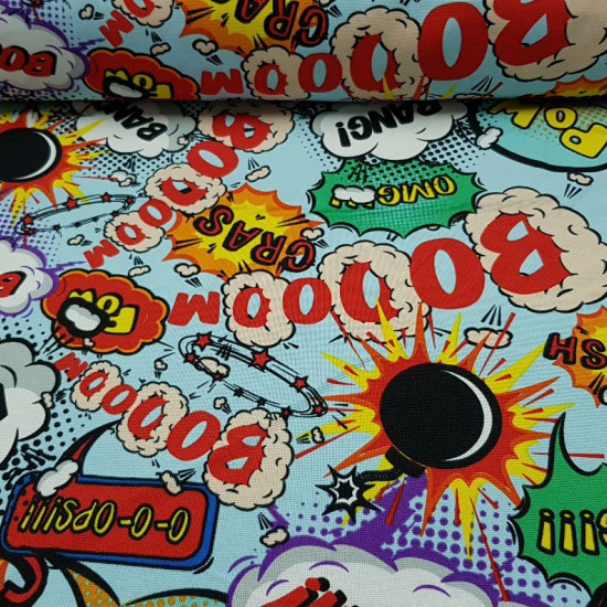 Burlington Comic Onomatopoeia fabric - Stretch / Burlington fabric with expression pattern and onomatopoeia typical of action comics. Boom, bang, crash, OMG ... is a very striking fabric with different expressions on a light blue background. With this fab