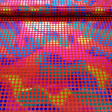 Foil Polka Dot Multicolor fabric - Bright and slightly elastic foil fabric with small 8mm multicolored polka dots on a red background.