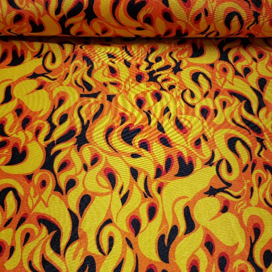 Carnival Satin Fire Flames fabric - Very striking bright and fine costume fabric with drawings of flames imitating fire with yellow, red, orange, brown colors ... This costume fabric is made of rasete / trilobal fabric that does not fray and is easy to cu