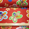 Satin Carnival Hippies Flowers Red fabric - Rasete or satin carnival fabric with colorful flower patterns in various sizes on a red background. Very striking fabric ideal for making costumes, since the rasete is a fabric that does not fray. The fabric is 