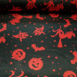 Satin Halloween Red Witches fabric - Satin fabric, bright on one side and with a lot of fall. Print with drawings of pumpkins, witches and red bats on black background. Ideal for Halloween parties.