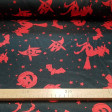 Satin Halloween Red Witches fabric - Satin fabric, bright on one side and with a lot of fall. Print with drawings of pumpkins, witches and red bats on black background. Ideal for Halloween parties.