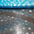 Organza Snowflakes Foil Turquoise fabric - Semi-transparent turquoise blue organza fabric with foil silver snowflakes in 