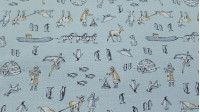Tela Algodón Stretch Esquimales - Tela de algodón un poco elástica con dibujos de esquimales, iglúes, pingüinos, trineos, pescados... sobre varios fondos a elegir. La tela mide 150cm de ancho y su composición 97% algo