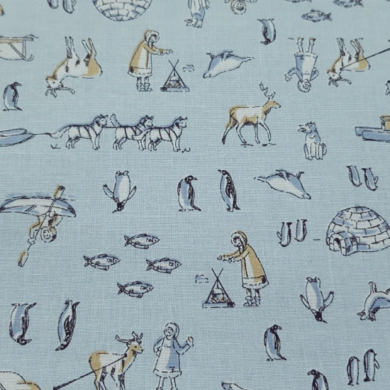 Cotton Stretch Eskimos fabric - Cotton stretch fabric with drawings of Eskimos, igloos, penguins, fishes... on various backgrounds to choose from. The fabric is 150cm wide and its composition 97% cotton - 3% elastane