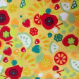 Cotton Fruit Yellow Background fabric - 100% Cotton Patchwork Fabric Drawings of apples, bananas, strawberries and lemon wedges on a yellow background.