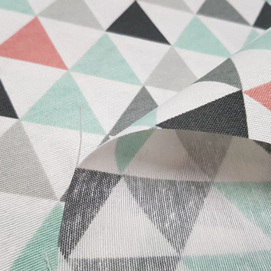 Canvas Triangles Gray Mint fabric - Canvas fabric with drawings of triangles dominated by mint green, gray, black and light red. The fabric is 280cm wide and its cotton and polyester composition