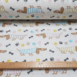 Canvas Dogs Sausage fabric - Funny canvas fabric with drawings of dachshunds with colored stripes body with black bones and traces in various colors on a white background broken marbled effect.