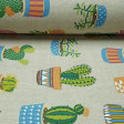 Canvas Rustic Cactus fabric - Canvas fabric ideal for home decoration with drawings of cactus in pots of different types on a rustic background. The fabric is 280cm wide and its composition is 50% cotton - 50% polyester.