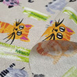Tela Loneta Gatos Colores - Tela de loneta decorativa con dibujos de gatos de colores sobre un fondo rústico. La tela mide 280cm de ancho y su composición 70% algodón – 30% poliester