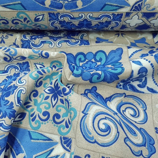 Canvas Blue Hydraulic Mosaic fabric - Decorative canvas fabric with hydraulic mosaic style tile patterns in blue tones. The fabric is 280cm wide and its composition 70% cotton - 30% polyester
