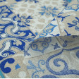 Canvas Blue Hydraulic Mosaic fabric - Decorative canvas fabric with hydraulic mosaic style tile patterns in blue tones. The fabric is 280cm wide and its composition 70% cotton - 30% polyester
