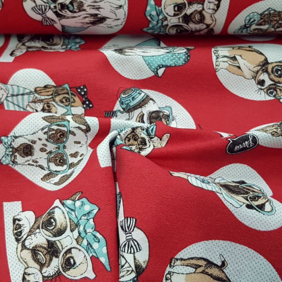 Canvas Dogs Glasses Red fabric - Decorative canvas fabric with drawings of dogs with glasses on a red background with shapes of hearts, circles... The fabric is 280cm wide and its composition is 70% cotton - 30% polyester.