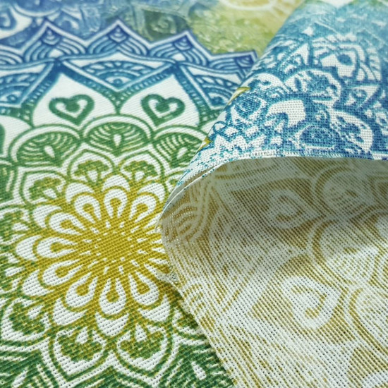 Tela Loneta Mandalas Colores Degradado - Tela de loneta decorativa con dibujos coloridos de mandalas en varios tonos haciendo efecto degradado. La tela mide 280cm de ancho y su composición 50% poliester- 50% algodón.