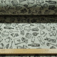 Canvas Motifs Kitchen Grids fabric - Decorative canvas fabric with drawings of kitchen motifs, such as utensils, pots, mittens... on a background with grid in white lines. The fabric is 280cm wide and its composition 50% cotton - 50% polyester