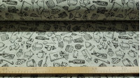 Tela Loneta Motivos Cocina Cuadrículas - Tela de loneta decorativa con dibujos de motivos de cocina, como utensilios, ollas, manoplas... sobre un fondo con cuadrículas en líneas blancas. La tela mide 280cm de ancho y su composición 50% algodón - 50% polie