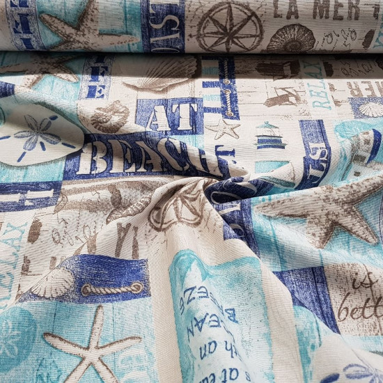 Canvas Sea Playa Carmen fabric - Decorative canvas fabric with sailor motifs where drawings of starfish, lighthouses, shells ... The fabric is 280cm wide and its composition is 70% cotton - 30% polyester.