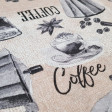 Canvas Coffee fabric - Decorative canvas fabric with drawings of Italian coffee pots, cups, different types of coffee, cinnamon sticks, vanilla, cloves, anise... The fabric is 280cm wide and its composition is 70% cotton – 30% polyester