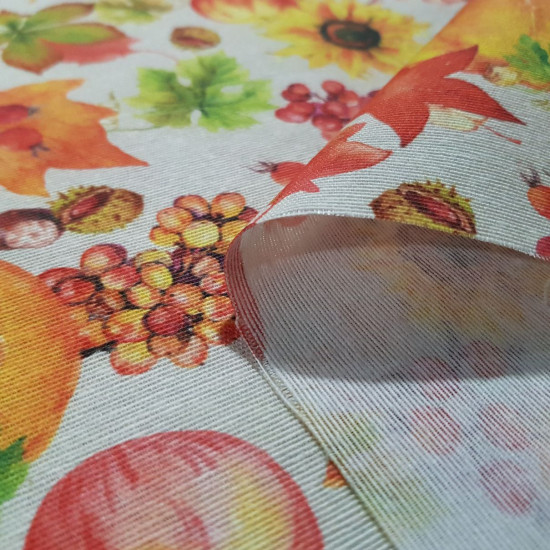 Canvas Autumn Leaves Fruit fabric - Decorative canvas fabric with drawings of leaves, fruits, sunflowers, pumpkins... in autumn color tones. This fabric is a sure hit in decorating home spaces such as making cushions, lining a trunk, also making bags or t