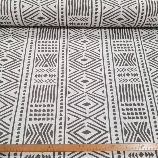 Loneta Motivos Aztecas - Tela decorativa de loneta con dibujos de trazos con motivos aztecas a elegir varios colores de trazos sobre un fondo blanco. Un tejido ideal para la confección de cojines, bolsas, y decoración del hogar en