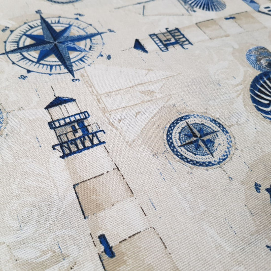 Canvas Lighthouse Sea Shells fabric - Decorative canvas fabric with marine drawings where lighthouses, sea shells, compasses, sailboats appear... where the color blue predominates. An ideal fabric for decorating spaces to give them a marine touch. The fa