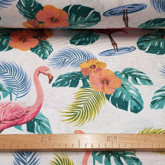 Canvas Flamingos fabric - Canvas fabric printed with drawings of flamingos, leaves and flowers.