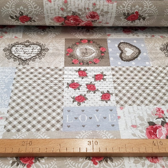 Canvas Hearts and Roses fabric - Canvas fabric ideal for home decorations and accessories. It is a fabric with drawings of hearts of various models, roses, squares and polka dots, all in different boxes that give it a very original and vintage touch.