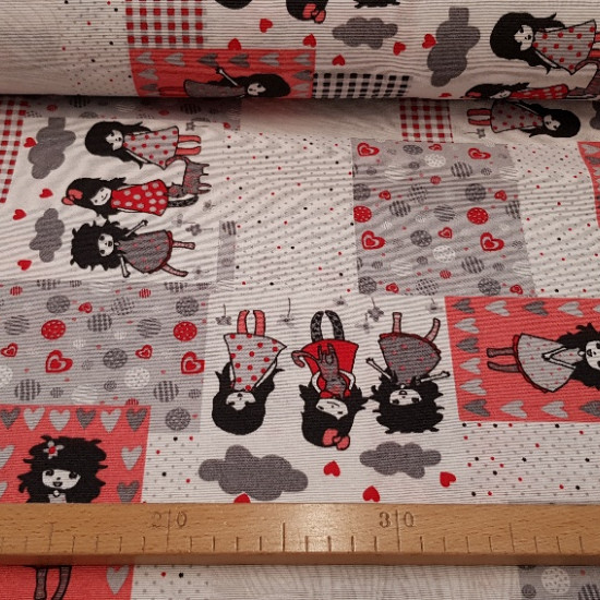 Canvas Dolls fabric - Canvas fabric for children, with drawings of dolls on a background of moles, squares with a predominance of colors black, gray, salmon and red. It is a resistant and strong fabric ideal for decorating cushions, bags, chi
