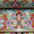 Half Panama Digital Frida Kahlo fabric - Half Panama cotton fabric in digital printing with drawings forming mosaics where the face of the Mexican painter Frida Kahlo appears surrounded by very colorful flowers and hearts of various sizes. The fabric is 2
